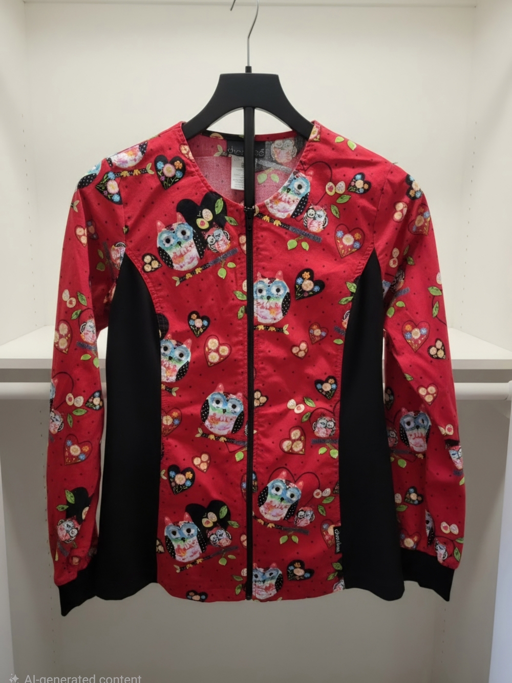 Cherokee Red Owl-Print Scrub Jacket with Black Panels